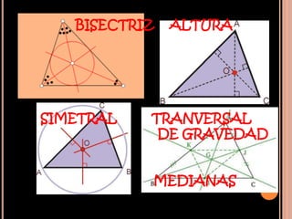 BISECTRIZ   ALTURA




SIMETRAL   TRANVERSAL
            DE GRAVEDAD


           MEDIANAS
 
