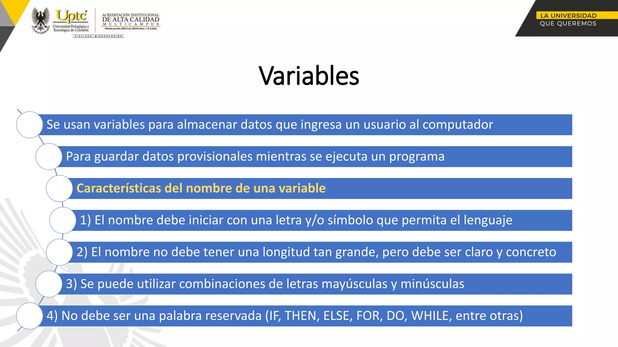 Variables
Se usan variables para almacenar datos que ingresa un usuario al computador
Para guardar datos provisionales mientras se ejecuta un programa
Características del nombre de una variable
1) El nombre debe iniciar con una letra y/o símbolo que permita el lenguaje
2) El nombre no debe tener una longitud tan grande, pero debe ser claro y concreto
3) Se puede utilizar combinaciones de letras mayúsculas y minúsculas
4) No debe ser una palabra reservada (IF, THEN, ELSE, FOR, DO, WHILE, entre otras)
 
