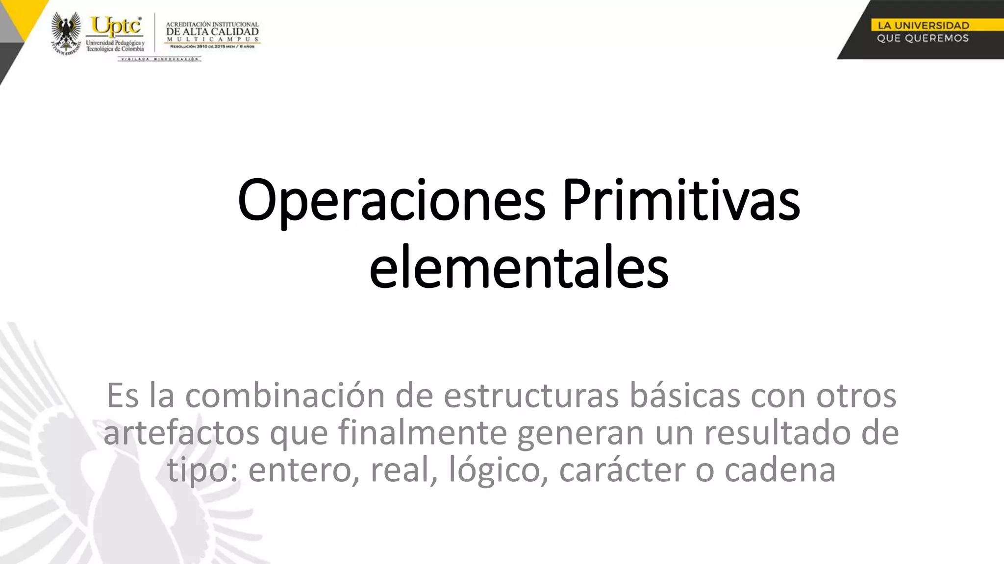 Operaciones Primitivas
elementales
Es la combinación de estructuras básicas con otros
artefactos que finalmente generan un resultado de
tipo: entero, real, lógico, carácter o cadena
 