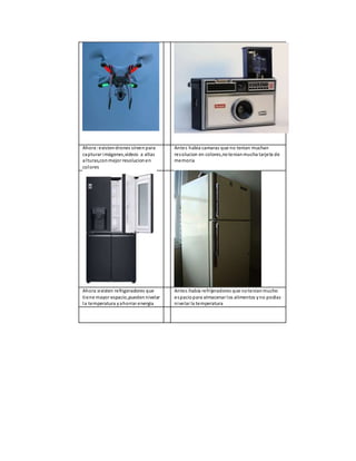Ahora:existendrones sirven para
capturar imágenes,videos a altas
alturas,conmejor resolucionen
colores
Antes habia camaras que no tenian muchan
resolucion en colores,notenianmucha tarjeta de
memoria
Ahora:existen refrigeradores que
tiene mayor espacio,pueden nivelar
la temperatura yahorrar energia
Antes:había refrijeradores que noteníanmucho
espaciopara almacenar los alimentos yno podias
nivelar la temperatura