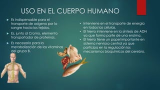 USO EN EL CUERPO HUMANO
 Es indispensable para el
transporte de oxígeno por la
sangre hacia los tejidos.
 Es, junto al Cromo, elemento
transportador de proteínas.
 Es necesario para la
metabolización de las vitaminas
del grupo B.
• Interviene en el transporte de energía
en todas las células.
• El hierro interviene en la síntesis de ADN
ya que forma parte de una enzima.
• El hierro tiene un papel importante en
sistema nervioso central ya que
participa en la regulación los
mecanismos bioquímicos del cerebro.
 