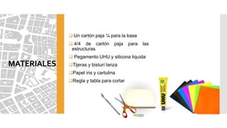 MATERIALES
 Un cartón paja ¼ para la base
 4/4 de cartón paja para las
estructuras
 Pegamento UHU y silicona liquida
Tijeras y bisturí lanza
Papel iris y cartulina
Regla y tabla para cortar
 
