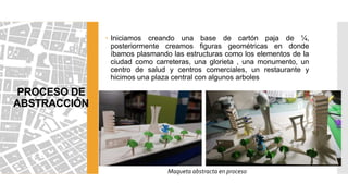 PROCESO DE
ABSTRACCIÓN
 Iniciamos creando una base de cartón paja de ¼,
posteriormente creamos figuras geométricas en donde
íbamos plasmando las estructuras como los elementos de la
ciudad como carreteras, una glorieta , una monumento, un
centro de salud y centros comerciales, un restaurante y
hicimos una plaza central con algunos arboles
Maqueta abstracta en proceso
 