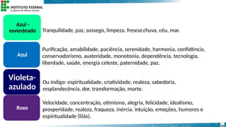Azul -
esverdeado
Azul
Violeta-
azulado
Roxo
29
Purificação, amabilidade, paciência, serenidade, harmonia, confidência,
conservadorismo, austeridade, monotonia, dependência, tecnologia,
liberdade, saúde, energia celeste, paternidade, paz.
Velocidade, concentração, otimismo, alegria, felicidade, idealismo,
prosperidade, realeza, fraqueza, inércia. intuição, emoções, humores e
espiritualidade (lilás).
Ou índigo: espiritualidade, criatividade, realeza, sabedoria,
resplandecência, dor, transformação, morte.
Tranquilidade, paz, sossego, limpeza, frescor,chuva, céu, mar.
 