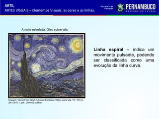 Linha espiral – indica um
movimento pulsante, podendo
ser classificada como uma
evolução da linha curva.
ARTE,
ARTES VISUAIS – Elementos Visuais: as cores e as linhas.
Imagem: Vincent Van Gogh / A Noite Estrelada / Óleo sobre tela, 73 × 92 cm,
28 x 36 ¾ ¼ pol / Domínio público.
A noite estrelada, Óleo sobre tela.
 