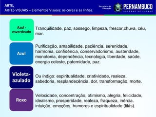 Purificação, amabilidade, paciência, serenidade,
harmonia, confidência, conservadorismo, austeridade,
monotonia, dependência, tecnologia, liberdade, saúde,
energia celeste, paternidade, paz.
Velocidade, concentração, otimismo, alegria, felicidade,
idealismo, prosperidade, realeza, fraqueza, inércia.
intuição, emoções, humores e espiritualidade (lilás).
Ou índigo: espiritualidade, criatividade, realeza,
sabedoria, resplandecência, dor, transformação, morte.
Tranquilidade, paz, sossego, limpeza, frescor,chuva, céu,
mar.
ARTE,
ARTES VISUAIS – Elementos Visuais: as cores e as linhas.
 