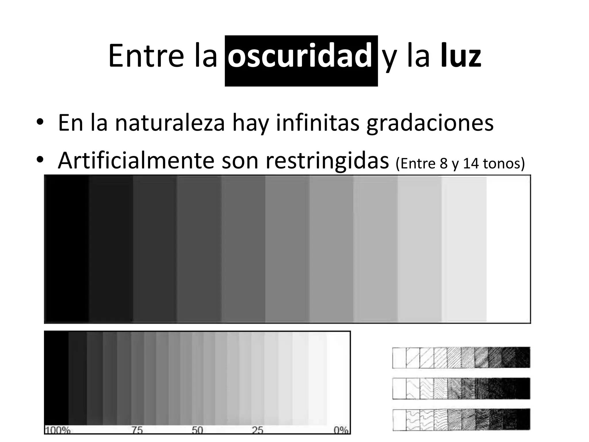 Entre la oscuridad y la luz
• En la naturaleza hay infinitas gradaciones
• Artificialmente son restringidas (Entre 8 y 14 tonos)
 