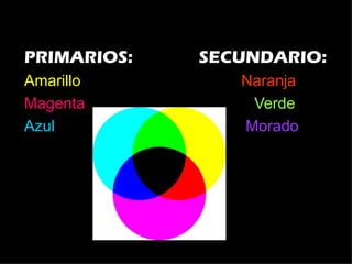 PRIMARIOS: SECUNDARIO:
Amarillo Naranja
Magenta Verde
Azul Morado