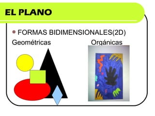 EL PLANO
FORMAS BIDIMENSIONALES(2D)
Geométricas Orgánicas