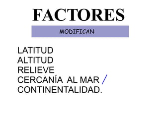 FACTORES MODIFICAN LATITUD ALTITUD RELIEVE CERCANÍA  AL MAR  CONTINENTALIDAD. 