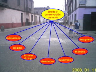 Estado y  conservación  de la vía La giba Buzones  sin tapa hundimiento derrumbes ondulaciones El bache Las grietas 