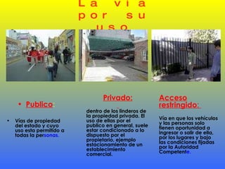 La vía por su uso Publico :  Vías de propiedad del estado y cuyo uso esta permitido a todas la per sonas. Privado: dentro de los linderos de la propiedad privada. El uso de ellas por el publico en general, suele estar condicionado a lo dispuesto por el propietario, ejemplo estacionamiento de un establecimiento comercial. Acceso restringido :  Vía en que los vehículos y las personas solo tienen oportunidad a ingresar o salir de ella, por los lugares y bajo las condiciones fijadas por la Autoridad Competent e. 