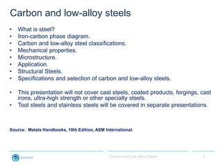 Carbon and low-alloy steels
•   What is steel?
•   Iron-carbon phase diagram.
•   Carbon and low-alloy steel classificatio...