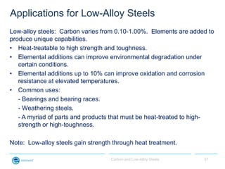 Applications for Low-Alloy Steels
Low-alloy steels: Carbon varies from 0.10-1.00%. Elements are added to
produce unique ca...