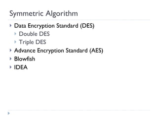 Symmetric Algorithm Data Encryption Standard (DES) Double DES Triple DES Advance Encryption Standard (AES) Blowfish IDEA 