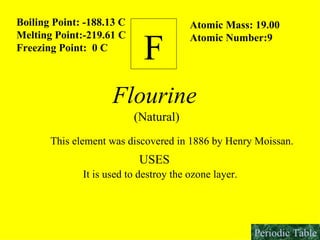 F   Boiling Point: -188.13 C Melting Point:-219.61 C Freezing Point:  0 C Atomic Mass: 19.00 Atomic Number:9 Flourine (Natural) This element was discovered in 1886 by Henry Moissan. USES It is used to destroy the ozone layer. Periodic Table 