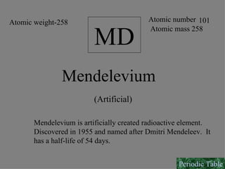 MD Atomic number  101 Atomic mass 258 Mendelevium is artificially created radioactive element.  Discovered in 1955 and named after Dmitri Mendeleev.  It  has a half-life of 54 days. (Artificial) Mendelevium Atomic weight-258 Periodic Table 