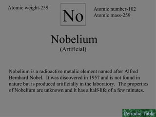 Nobelium No (Artificial) Atomic number-102 Atomic mass-259 Atomic weight-259 Nobelium is a radioactive metalic element named after Alfred  Bernhard Nobel.  It was discovered in 1957 and is not found in nature but is produced artificially in the laboratory.  The properties of Nobelium are unknown and it has a half-life of a few minutes. Periodic Table 