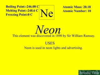 Ne Boiling Point:-246.08 C Melting Point:-248.6 C Freezing Point:0 C Atomic Mass: 20.18 Atomic Number: 10 Neon This element was discovered in 1898 by Sir William Ramsay. USES Neon is used in neon lights and advertising. Periodic Table 