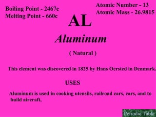 AL Boiling Point - 2467c Melting Point - 660c Atomic Number - 13 Atomic Mass - 26.9815 Aluminum ( Natural ) This element was discovered in 1825 by Hans Oersted in Denmark. USES Aluminum is used in cooking utensils, railroad cars, cars, and to build aircraft,  Periodic Table 