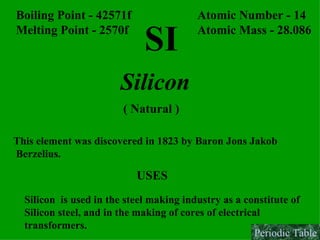 SI Boiling Point - 42571f Melting Point - 2570f Atomic Number - 14 Atomic Mass - 28.086 Silicon  ( Natural ) This element was discovered in 1823 by Baron Jons Jakob Berzelius. USES Silicon  is used in the steel making industry as a constitute of  Silicon steel, and in the making of cores of electrical  transformers. Periodic Table 