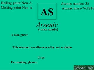 AS Boiling point-Non-A Melting point-Non-A Atomic number-33 Atomic mass-74.9216 Arsenic ( man made) Color, green This element was discovered by not avalable Uses For making glasses. Periodic Table 