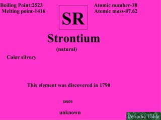 SR Boiling Point:2523 Melting point-1416 Atomic number-38 Atomic mass-87.62  Strontium Color silvery (natural) uses This element was discovered in 1790 unknown Periodic Table 