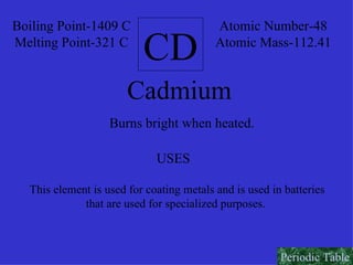 CD Boiling Point-1409 C Melting Point-321 C Atomic Number-48 Atomic Mass-112.41 Cadmium Burns bright when heated. USES This element is used for coating metals and is used in batteries that are used for specialized purposes.  Periodic Table 