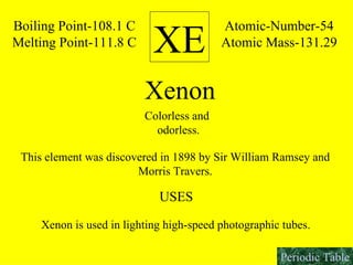 XE Boiling Point-108.1 C Melting Point-111.8 C Atomic-Number-54 Atomic Mass-131.29 Xenon Colorless and  odorless. This element was discovered in 1898 by Sir William Ramsey and Morris Travers. USES Xenon is used in lighting high-speed photographic tubes. Periodic Table 