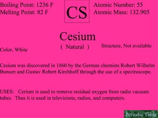 CS Boiling Point: 1236 F Melting Point: 82 F Atomic Number: 55 Atomic Mass: 132.905 Cesium (  Natural  ) Color, White Structure, Not available Cesium was discovered in 1860 by the German chemists Robert Wilhelm Bunsen and Gustav Robert Kirchhoff through the use of a spectroscope. USES:  Cerium is used to remove residual oxygen from radio vacuum  tubes.  Thus it is used in televisions, radios, and computers. Periodic Table 