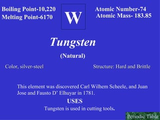 W Tungsten (Natural) Boiling Point-10,220 Melting Point-6170 Atomic Number-74  Atomic Mass- 183.85 Color, silver-steel Structure: Hard and Brittle This element was discovered Carl Wilhem Scheele, and Juan Jose and Fausto D’ Elhuyar in 1781.   USES Tungsten is used in cutting tools . Periodic Table 