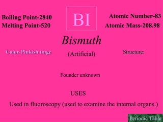 BI Boiling Point-2840 Melting Point-520 Atomic Number-83 Atomic Mass-208.98 Color-Pinkish tinge Bismuth Founder unknown USES Used in fluoroscopy (used to examine the internal organs.) Structure: (Artificial) Periodic Table 
