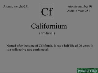 Californium Cf Atomic number 98 Atomic mass 251 Named after the state of California. It has a half life of 90 years. It  is a radioactive rare earth metal. Atomic weight-251 (artificial) Periodic Table 