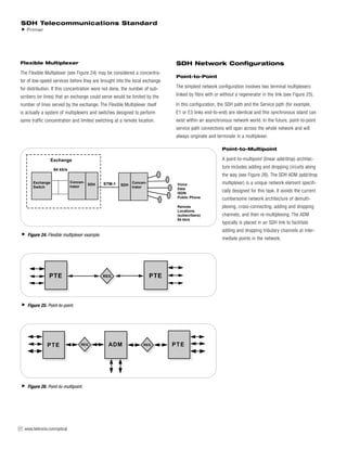 www.tektronix.com/optical27
Flexible Multiplexer
The Flexible Multiplexer (see Figure 24) may be considered a concentra-
tor of low-speed services before they are brought into the local exchange
for distribution. If this concentration were not done, the number of sub-
scribers (or lines) that an exchange could serve would be limited by the
number of lines served by the exchange. The Flexible Multiplexer itself
is actually a system of multiplexers and switches designed to perform
some traffic concentration and limited switching at a remote location.
SDH Network Configurations
Point-to-Point
The simplest network configuration involves two terminal multiplexers
linked by fibre with or without a regenerator in the link (see Figure 25).
In this configuration, the SDH path and the Service path (for example,
E1 or E3 links end-to-end) are identical and this synchronous island can
exist within an asynchronous network world. In the future, point-to-point
service path connections will span across the whole network and will
always originate and terminate in a multiplexer.
Point-to-Multipoint
A point-to-multipoint (linear add/drop) architec-
ture includes adding and dropping circuits along
the way (see Figure 26). The SDH ADM (add/drop
multiplexer) is a unique network element specifi-
cally designed for this task. It avoids the current
cumbersome network architecture of demulti-
plexing, cross-connecting, adding and dropping
channels, and then re-multiplexing. The ADM
typically is placed in an SDH link to facilitate
adding and dropping tributary channels at inter-
mediate points in the network.
SDH Telecommunications Standard
Primer
Figure 25. Point-to-point.
PTEPTE REG
Figure 26. Point-to-multipoint.
REGPTE ADM PTEREG
Figure 24. Flexible multiplexer example.
Exchange
Switch
64 kb/s
STM-1
Remote
Locations
(subscribers)
64 kb/s
SDH
Concen-
trator SDH
Concen-
trator
Exchange
Voice
Data
ISDN
Public Phone
 