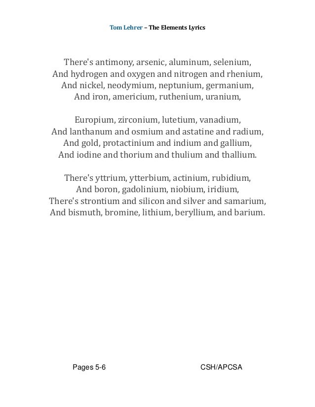 Tom Lehrer Elements Lyrics tom lehrer elements lyrics