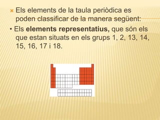  Els elements de la taula periòdica es
poden classificar de la manera següent:
• Els elements representatius, que són els
que estan situats en els grups 1, 2, 13, 14,
15, 16, 17 i 18.
 