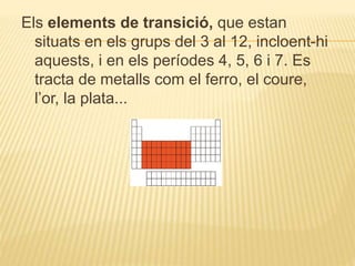 Els elements de transició, que estan
situats en els grups del 3 al 12, incloent-hi
aquests, i en els períodes 4, 5, 6 i 7. Es
tracta de metalls com el ferro, el coure,
l’or, la plata...
 