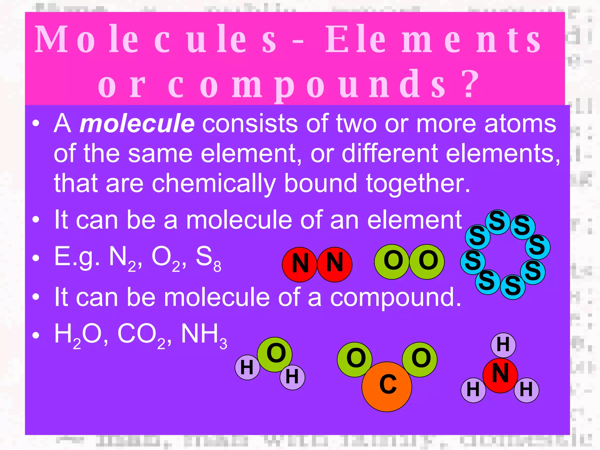 Molecules- Elements or compounds? A  molecule  consists of two or more atoms of the same element, or different elements, that are chemically bound together.  It can be a molecule of an element  E.g. N 2 , O 2 , S 8 It can be molecule of a compound. H 2 O, CO 2 , NH 3 N N O O S S S S S S S S O H H O O C N H H H 