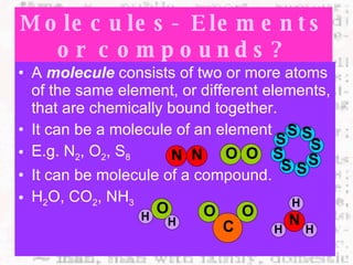 Molecules- Elements or compounds? ,[object Object],[object Object],[object Object],[object Object],[object Object],N N O O S S S S S S S S O H H O O C N H H H 