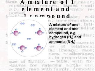 A mixture of 1 element and  1 compound A mixture of one element and one compound, e.g. hydrogen (H 2 ) and ammonia (NH 3 )   