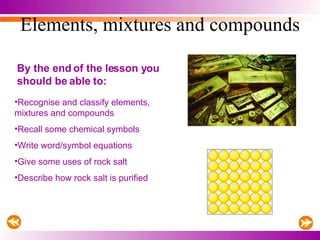 Elements, mixtures and compounds By the end of the lesson you should be able to: ,[object Object],[object Object],[object Object],[object Object],[object Object]