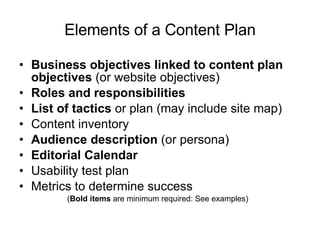 Elements of a Content Plan ,[object Object],[object Object],[object Object],[object Object],[object Object],[object Object],[object Object],[object Object],[object Object]