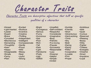 Character Traits
Character Traits are descriptive adjectives that tell us specific
qualities of a character
•Honest
•Light-hearted
•Leader
•Expert
•Brave
•Conceited
•Mischievous
•Demanding
•Thoughtful
•Keen
•Happy
•Disagreeable
•Simple
•Fancy
•Plain
•Excited
•Studious
•Inventive
•Creative
•Thrilling
•Independent
•Intelligent
•Compassionate
•Gentle
•Proud
•Wild
•Messy
•Neat
•Joyful
•Strong
•Bright
•Courageous
•Serious
•Funny
•Humorous
•Sad
•Poor
•Rich
•Tall
•Dark
•Light
•Handsome
•Pretty
•Ugly
•Selfish
•Unselfish
•Self-confident
•Respectful
•Considerate
•Imaginative
•Busy
•Patriotic
•Fun-loving
•Popular
•Successful
•Responsible
•Lazy
•Dreamer
•Helpful
•Simple-
minded
•Humble
•Friendly
•Short
•Adventurous
•Hard-working
•Timid
•Shy
•Bold
•Daring
•Dainty
•Pitiful
•Cooperative
•Lovable
•Prim
•Proper
•Ambitious
•Able
•Quiet
•Curious
•Reserved
•Pleasing
•Bossy
•Witty
•Fighter
•Tireless
•Energetic
•Cheerful
•Smart
•Impulsive
•Loyal
 