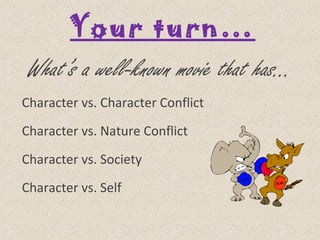 Your turn…
What’s a well-known movie that has…
Character vs. Character Conflict
Character vs. Nature Conflict
Character vs. Society
Character vs. Self
 