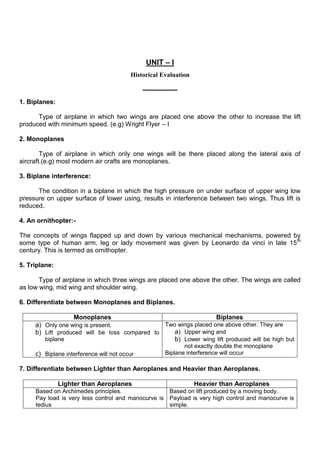 UNIT – I
Historical Evaluation
1. Biplanes:
Type of airplane in which two wings are placed one above the other to increase the lift
produced with minimum speed. (e.g) Wright Flyer – I
2. Monoplanes
Type of airplane in which only one wings will be there placed along the lateral axis of
aircraft.(e.g) most modern air crafts are monoplanes.
3. Biplane interference:
The condition in a biplane in which the high pressure on under surface of upper wing low
pressure on upper surface of lower using, results in interference between two wings. Thus lift is
reduced.
4. An ornithopter:-
The concepts of wings flapped up and down by various mechanical mechanisms, powered by
some type of human arm, leg or lady movement was given by Leonardo da vinci in late 15th
century. This is termed as ornithopter.
5. Triplane:
Type of airplane in which three wings are placed one above the other. The wings are called
as low wing, mid wing and shoulder wing.
6. Differentiate between Monoplanes and Biplanes.
Monoplanes Biplanes
a) Only one wing is present.
b) Lift produced will be loss compared to
biplane
c) Biplane interference will not occur
Two wings placed one above other. They are
a) Upper wing and
b) Lower wing lift produced will be high but
not exactly double the monoplane
Biplane interference will occur
7. Differentiate between Lighter than Aeroplanes and Heavier than Aeroplanes.
Lighter than Aeroplanes Heavier than Aeroplanes
Based on Archimedes principles.
Pay load is very less control and manocurve is
tedius
Based on lift produced by a moving body.
Payload is very high control and manocurve is
simple.
 