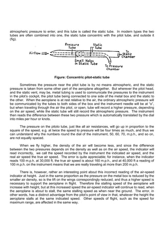atmospheric pressure to enter, and this tube is called the static tube. In modern types the two
tubes are often combined into one, the static tube concentric with the pitot tube, and outside it
(fig).
Figure: Concentric pitot-static tube
Sometimes the pressure near the pitot tube is by no means atmospheric, and the static
pressure is taken from some other part of the aeroplane altogether. But wherever the pitot head,
and the static vent, may be, metal tubing is used to communicate the pressures to the instrument
in the pilot‟s cockpit, the pitot tube being connected to one side of the metal box and the static to
the other. When the aeroplane is at rest relative to the air, the ordinary atmospheric pressure will
be communicated by the tubes to both sides of the box and the instrument needle will be at “o”,
but when traveling through the air the pitot, or open, tube will record a higher pressure, depending
on the air speed, while the static tube will still record the atmospheric pressure. The instrument
then reads the difference between these two pressure which is automatically translated by the dial
into miles per hour or knots.
The pressure on the pitoto tube, just like all air resistances, will go up in proportion to the
square of the speed, e.g. at twice the speed to pressure will be four times as much, and thus we
can understand why the numbers round the dial of the instrument, 50, 60, 70, m.p.h., and so on,
are not equally spaced.
When we fly higher, the density of the air will become less, and since the difference
between the two pressures depends on the density as well as on the air speed, the indicator will
read incorrectly, we call the speed recorded by the instrument the indicated air speed, and the
real air speed the true air speed. The error is quite appreciable; for instance, when the indicator
reads 100 m.p.h. at 30,000 ft, the true air speed is about 160 m.p.h., and at 40,000 ft a reading of
100 m.p.h. on the instrument means that we are really traveling at more than 200 m.p.h.
There is, however, rather an interesting point about this incorrect reading of the air-speed
indicator at height. Just in the same proportion as the pressure on the metal box is reduced by the
smaller air density, so is the lift on the wings correspondingly reduced, and thus a higher speed is
necessary to support the aeroplane in flight. Therefore the stalling speed of the aeroplane will
increase with height, but at this increased speed the air-speed indicator will continue to read, when
the aeroplane is about to stall, the same stalling speed as when near the ground. The error, in
other words, has a distinct advantage from the pilot‟s point of view in that, whatever the height the
aeroplane stalls at the same indicated speed. Other speeds of flight, such as the speed for
maximum range, are affected in the same way.
 