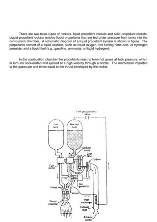 There are two basic types of rockets, liquid propellant rockets and solid propellant rockets.
Liquid propellant rockets employ liquid propellants that are fed under pressure from tanks into the
combustion chamber. A schematic diagram of a liquid propellant system is shown in figure. The
propellants consist of a liquid oxidizer, such as liquid oxygen, red fuming nitric acid, or hydrogen
peroxide, and a liquid fuel (e.g., gasoline, ammonia, or liquid hydrogen).
In the combustion chamber the propellants react to form hot gases at high pressure, which
in turn are accelerated and ejected at a high velocity through a nozzle. The momentum imparted
to the gases per unit times equal to the thrust developed by the rocket.
 