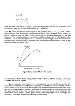 p
p
j
2
1
2 2
1 C
1 1
u
Case (a): When the speed of air craft u = 0, the propulsive efficiency p = 0, but the specific thrust
is maximum. Maximum thrust is needed during take – off period.
Case (b): When the speed of aircraft equals to the speed of jet i.e., u = Cj, p = 100%, but the
specific thrust is zero. Therefore „Cj‟ must be always greater than „u‟ when the aircraft is flying. In
normal conditions when the speed ratio ( ) increases, the propulsive efficiency ( p) will also
increases. The propulsive efficiency can be increased by increasing the jet velocity close to the
flight speed where as the thrust power can be increased by increasing the mass flow rate of air or
gas through the propulsive device. The propulsive efficiency versus speed ratio for turbo jet and
turbo prop engine is shown in figure.
Figure: Comparison of Turbo Jet Engines
Characteristics, Applications, comparisons, and evaluation of the turbojet, turboprop,
turbofan, and propfan engines
By converting the shaft horsepower of the turboprop into pounds of thrust and the fuel
consumption per horsepower into fuel consumption per pound of thrust, a comparison between the
various engine forms can be made. Assuming that the engines have equivalent compressor ratios
and internal temperatures and that they are installed in equal-sized aircraft best suited to the type
of engine used, Fig. shows how the various engines compare in thrust and thrust specific fuel
consumption versus airspeed. As the graphs indicate, each engine type has its advantages and
limitations. Summaries of these characteristics and uses follow.
 