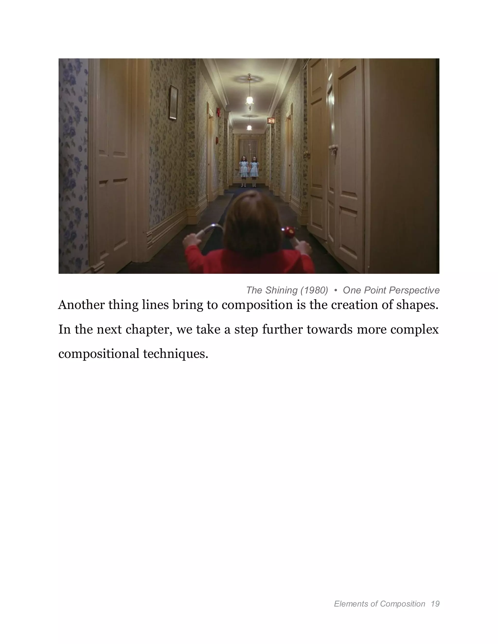 Elements of Composition 19
The Shining (1980) • One Point Perspective
Another thing lines bring to composition is the creation of shapes.
In the next chapter, we take a step further towards more complex
compositional techniques.
 