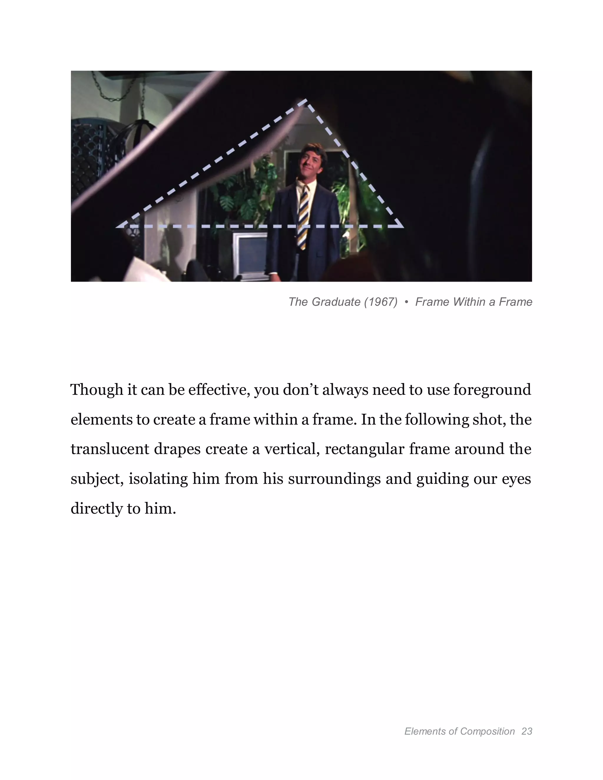 Elements of Composition 23
The Graduate (1967) • Frame Within a Frame
Though it can be effective, you don’t always need to use foreground
elements to create a frame within a frame. In the following shot, the
translucent drapes create a vertical, rectangular frame around the
subject, isolating him from his surroundings and guiding our eyes
directly to him.
 